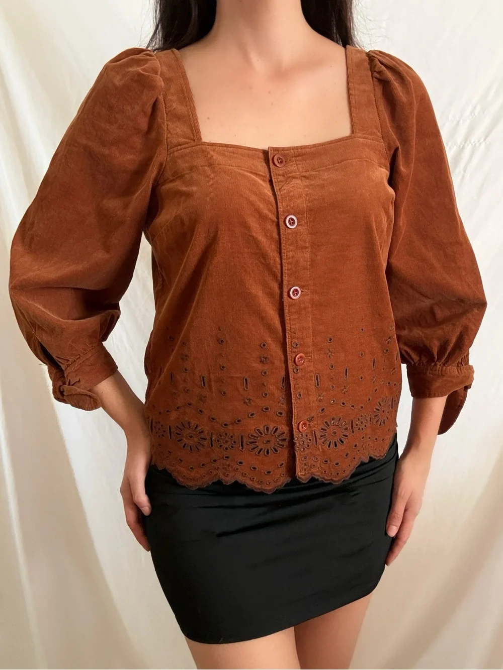 Madewell brown corduroy eyelet long sleeve straight neck top blouse XS